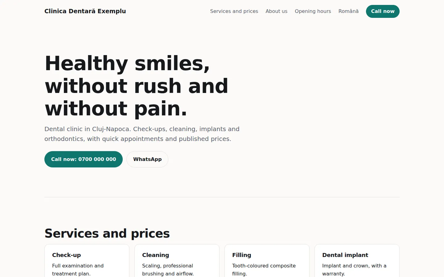 The example's homepage on desktop: the headline “Healthy smiles, without rush and without pain.” and the Call now and WhatsApp buttons.